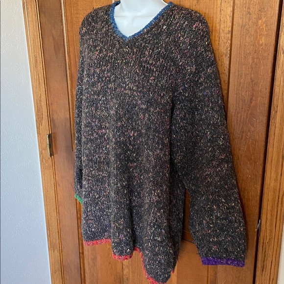 MODA INTERNATIONAL chunky knit V-neck multi-colored contrasting trim Large - Picture 3 of 8